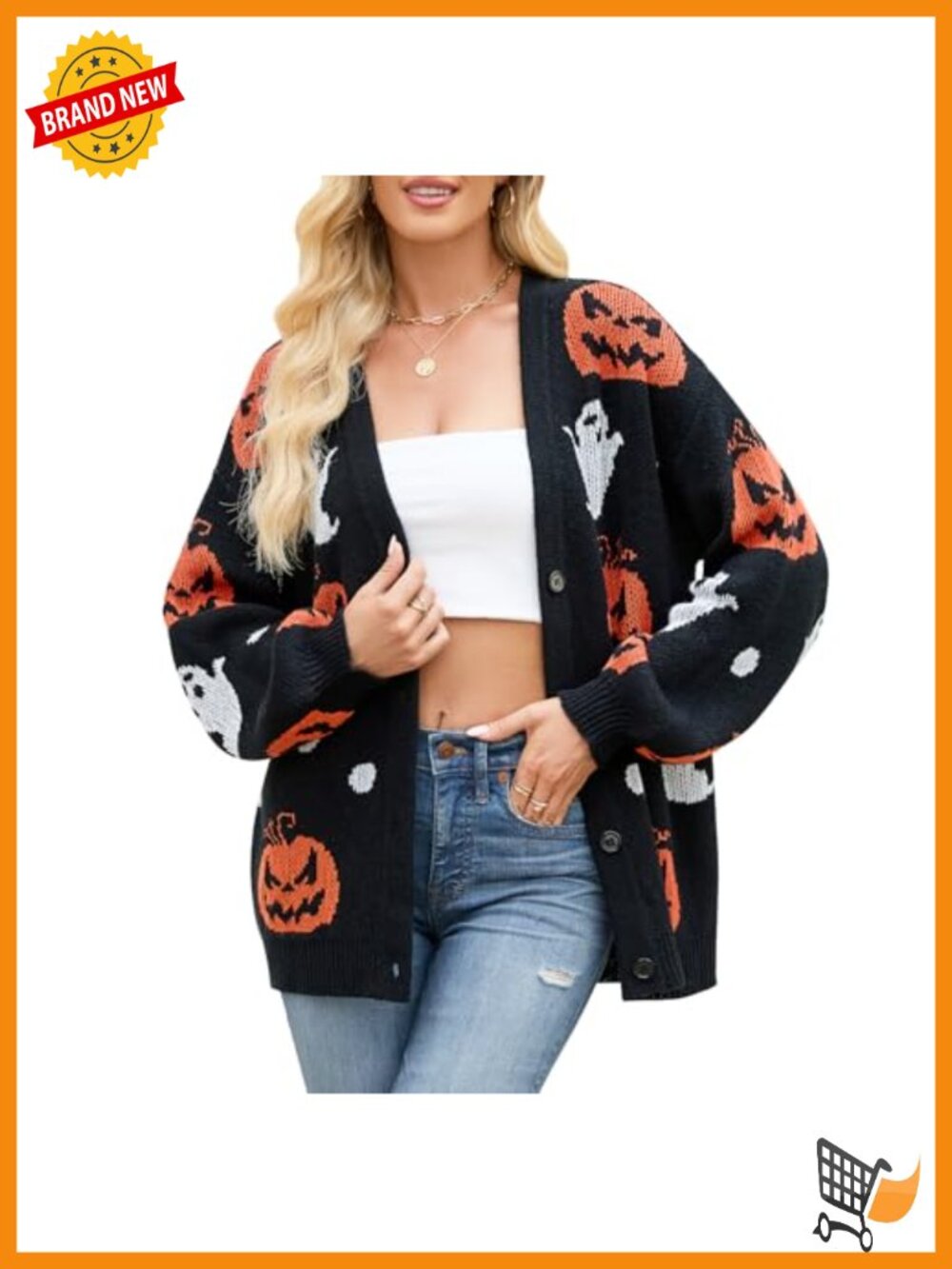 Women's Halloween Pumpkin Ghost Cardigan V-Neck Button Down Sweater